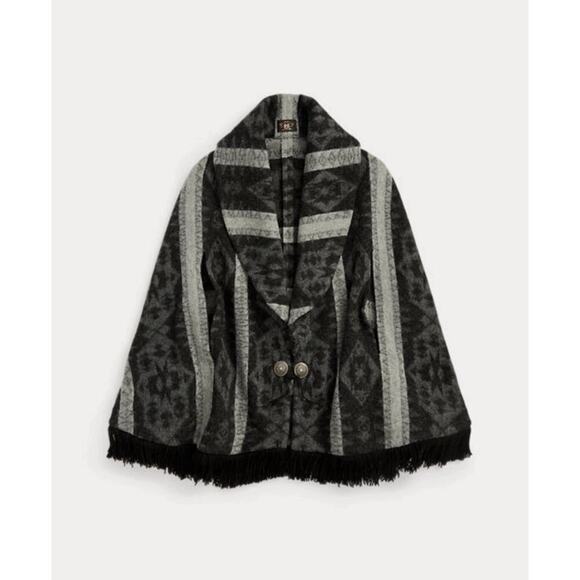 RRL Ralph Lauren Women’s Fringe Trim Wool Blend Jacquard Cape Shawl Coat XS / S - Picture 1 of 8